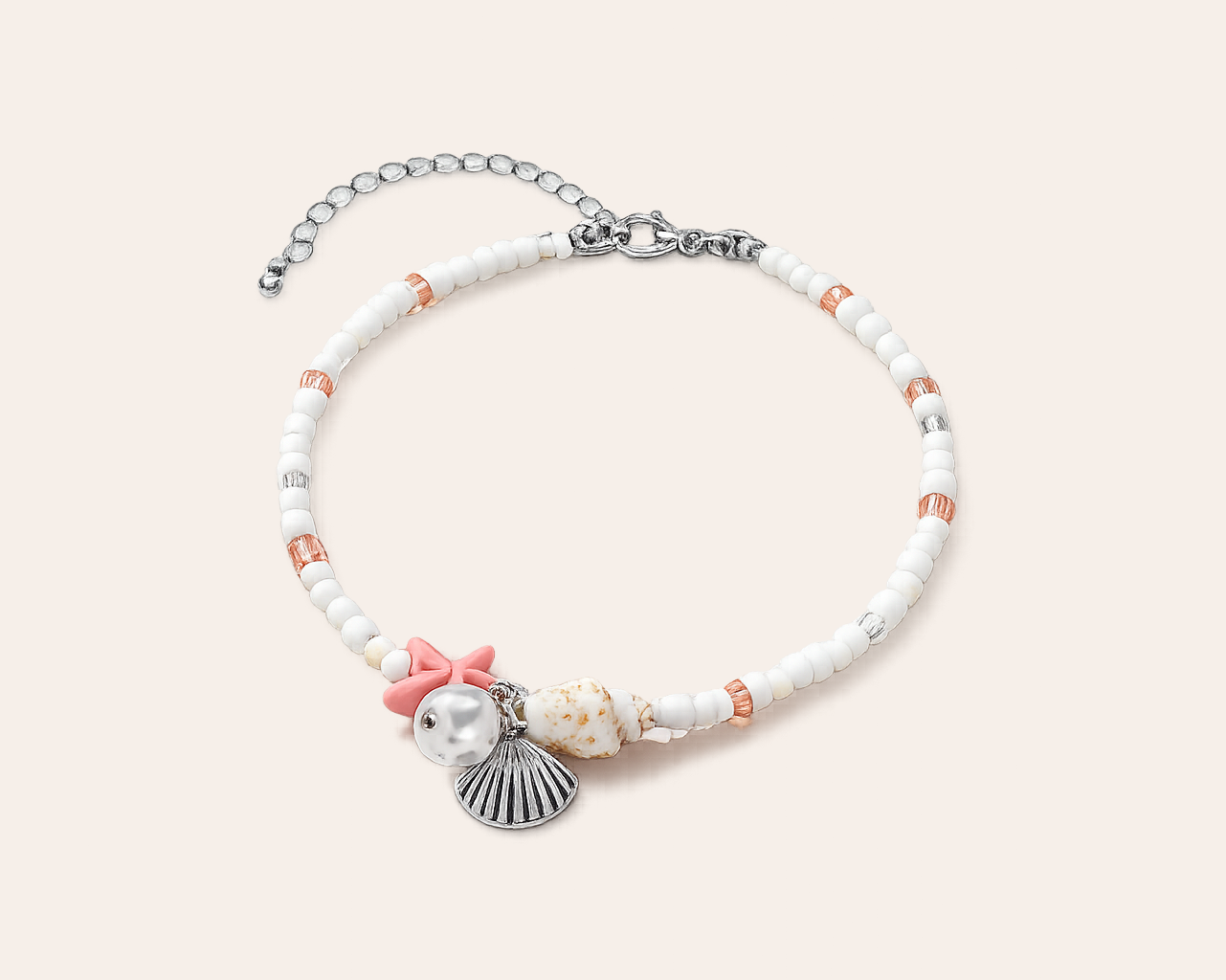 Beach-themed bracelet with silver charms