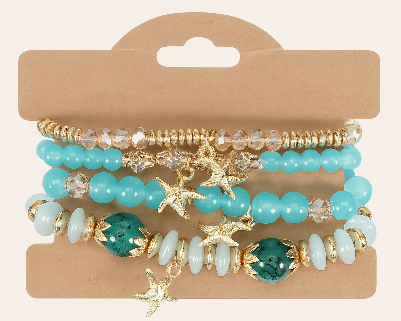 Boho Beach Armband in Türkis – Mehrreihig mit Seestern & Perlen