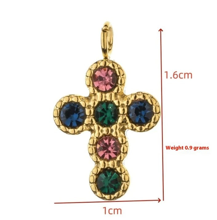 Waterproof: Cross charm with colourful gemstones