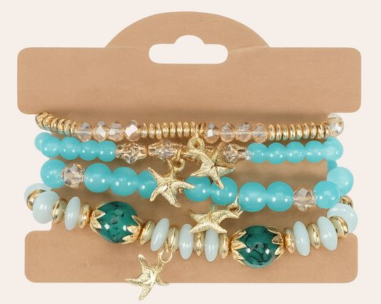 Boho Beach Armband in Türkis – Mehrreihig mit Seestern & Perlen