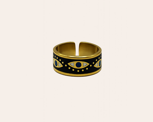 Verstellbarer Edelstahl Ring mit Emaille-Design - Schwarz