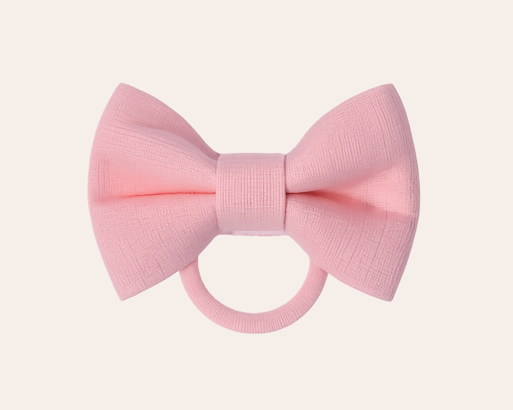 Schmucku Minis – Handgemachte Leinen-Haargummis mit Schleife-Pink