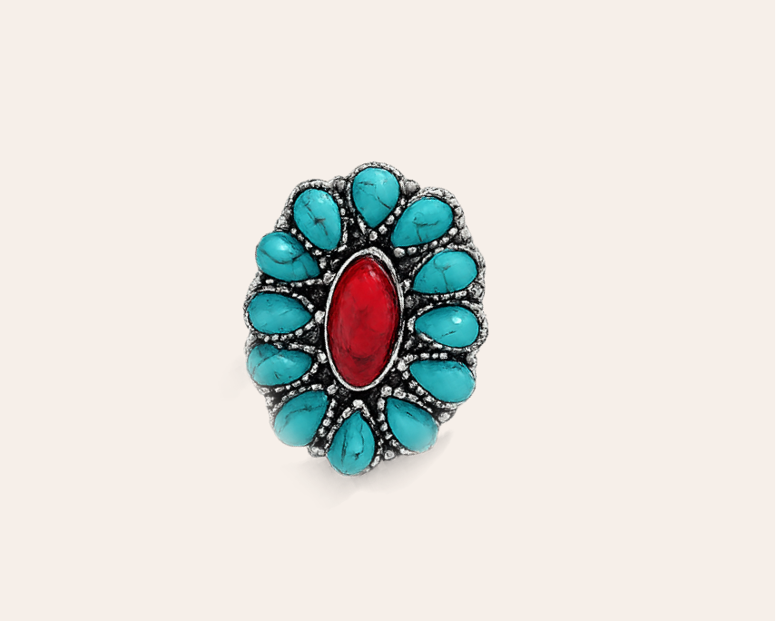 Bohemian ring with turquoise and red