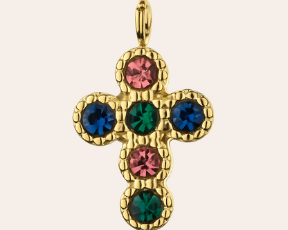 Waterproof: Cross charm with colourful gemstones