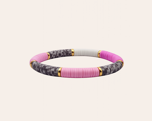 Handgemachtes Armband – Pink, Lila, Weiß & Grau mit goldfarbenen Details