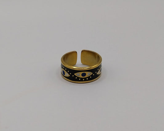 Verstellbarer Edelstahl Ring mit Emaille-Design - Schwarz