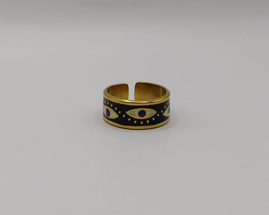Verstellbarer Edelstahl Ring mit Emaille-Design - Schwarz