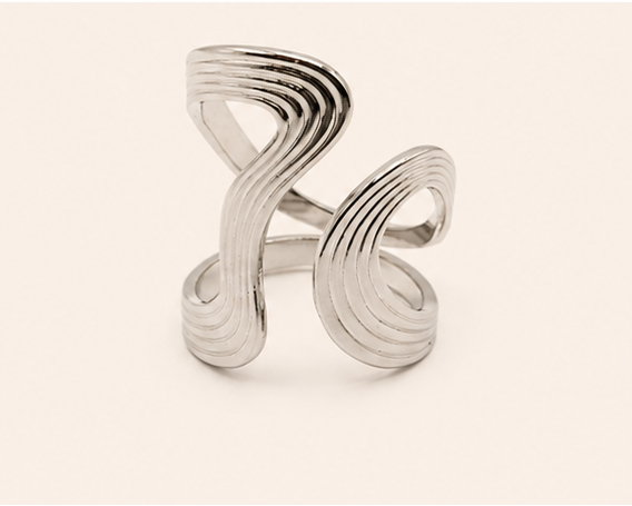 Großer Wellen Statement-Ring aus Edelstahl – Silber, Waterproof & Hypoallergen, Moderner Damenring